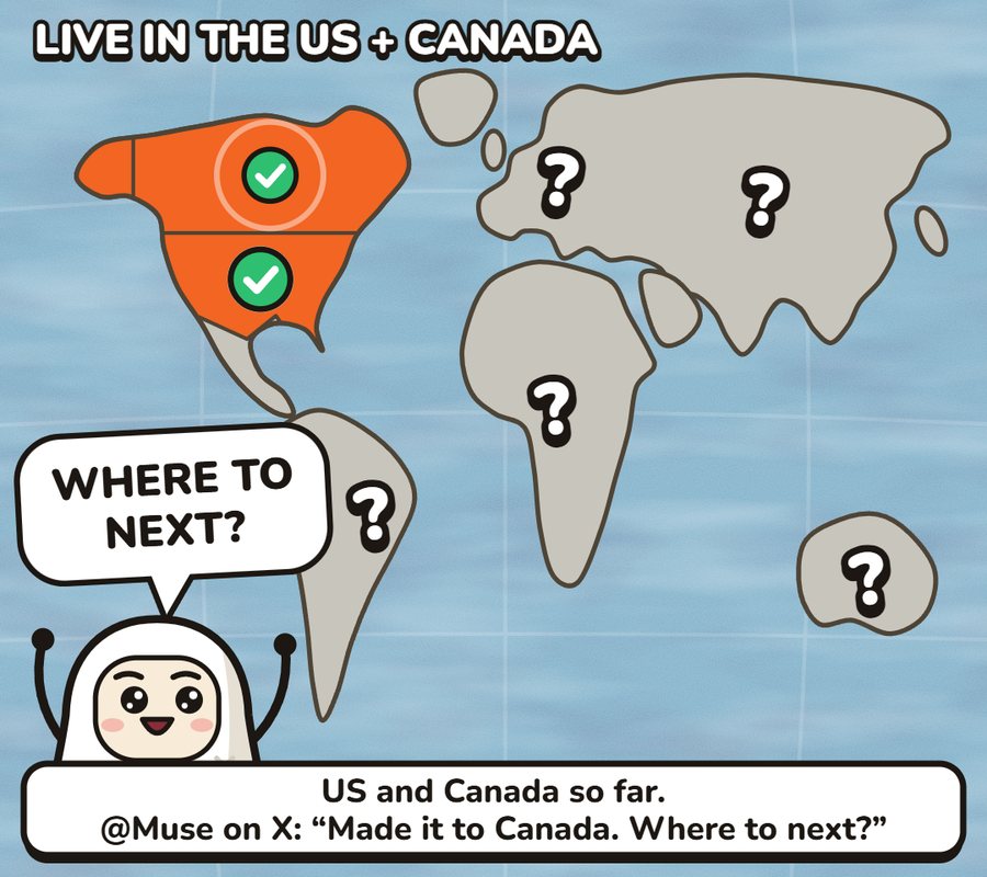 Cartoon world map with the US and Canada ticked and question marks everywhere else.